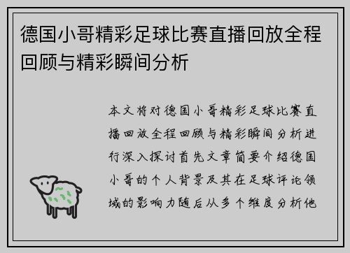 德国小哥精彩足球比赛直播回放全程回顾与精彩瞬间分析